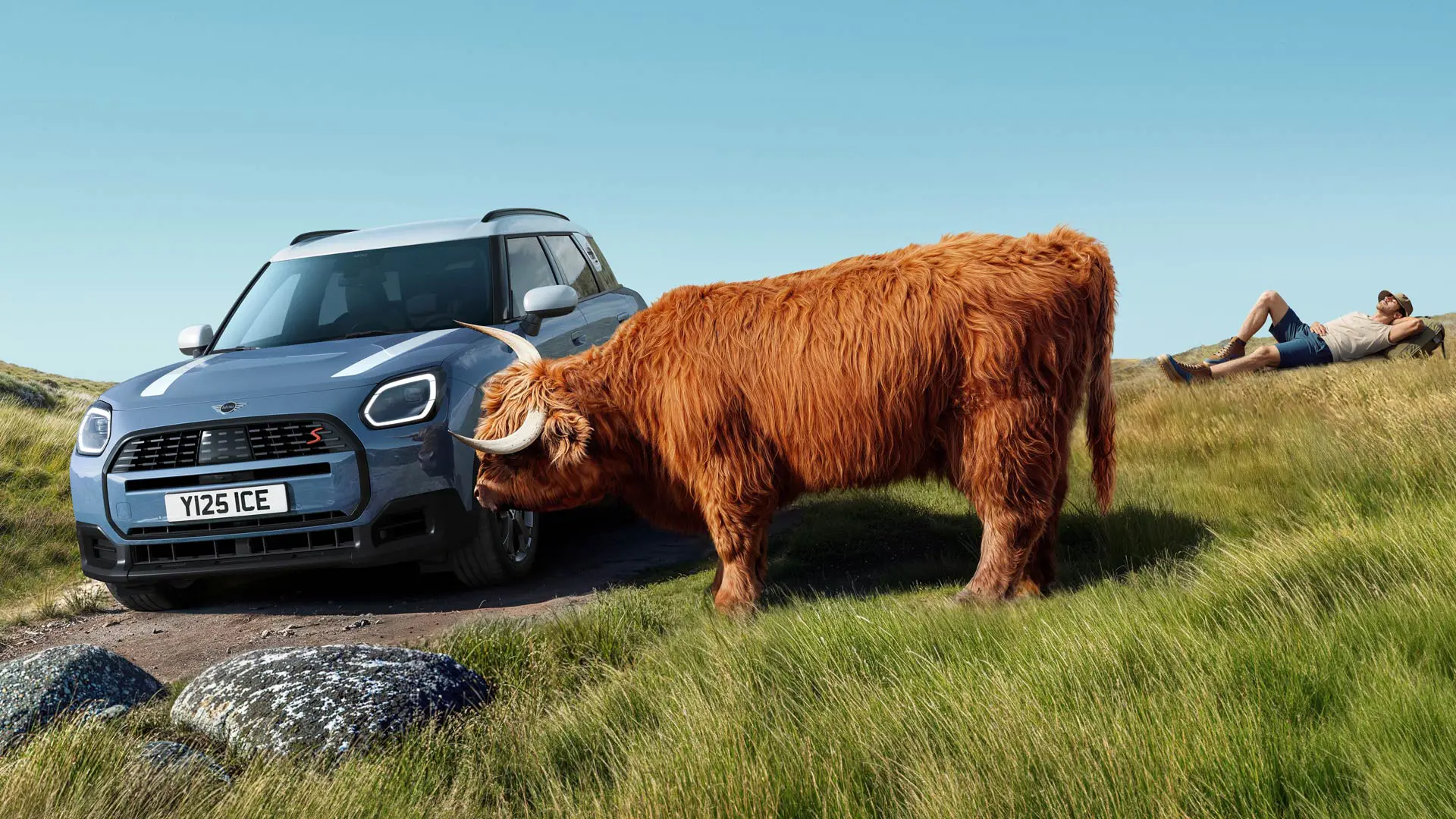 MINI Countryman проїжджає повз корову, яка спокійно пасеться поруч.  Ми подбаємо про все завчасно, щоб ти міг насолоджуватися поїздкою без зайвих турбот. 